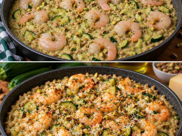 🍤 Farro Cremoso con Crema di Zucchine, Gamberi e Pistacchi Tostati