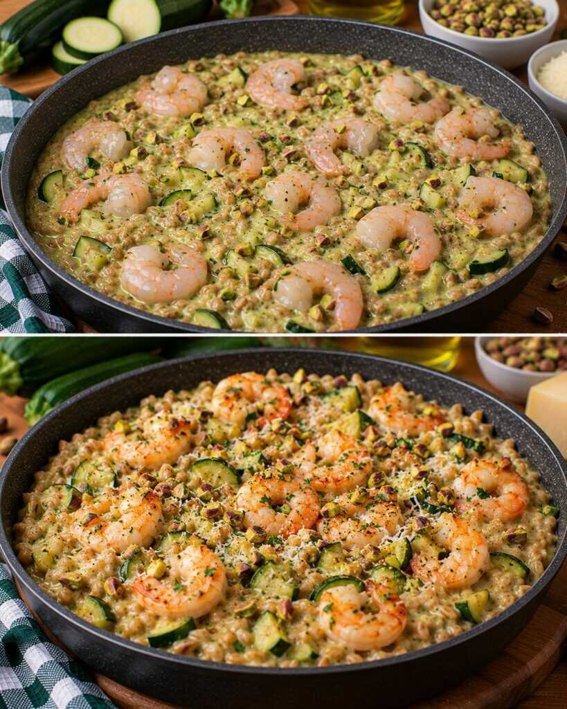 🍤 Farro Cremoso con Crema di Zucchine, Gamberi e Pistacchi Tostati