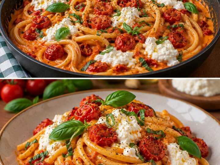 Bucatini con Crema di Pomodorini Confit, Stracciatella e Basilico