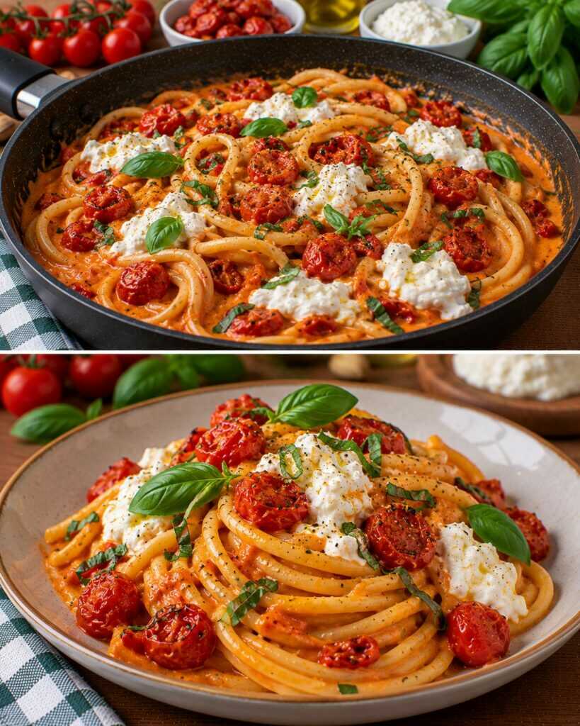 Bucatini con Crema di Pomodorini Confit, Stracciatella e Basilico
