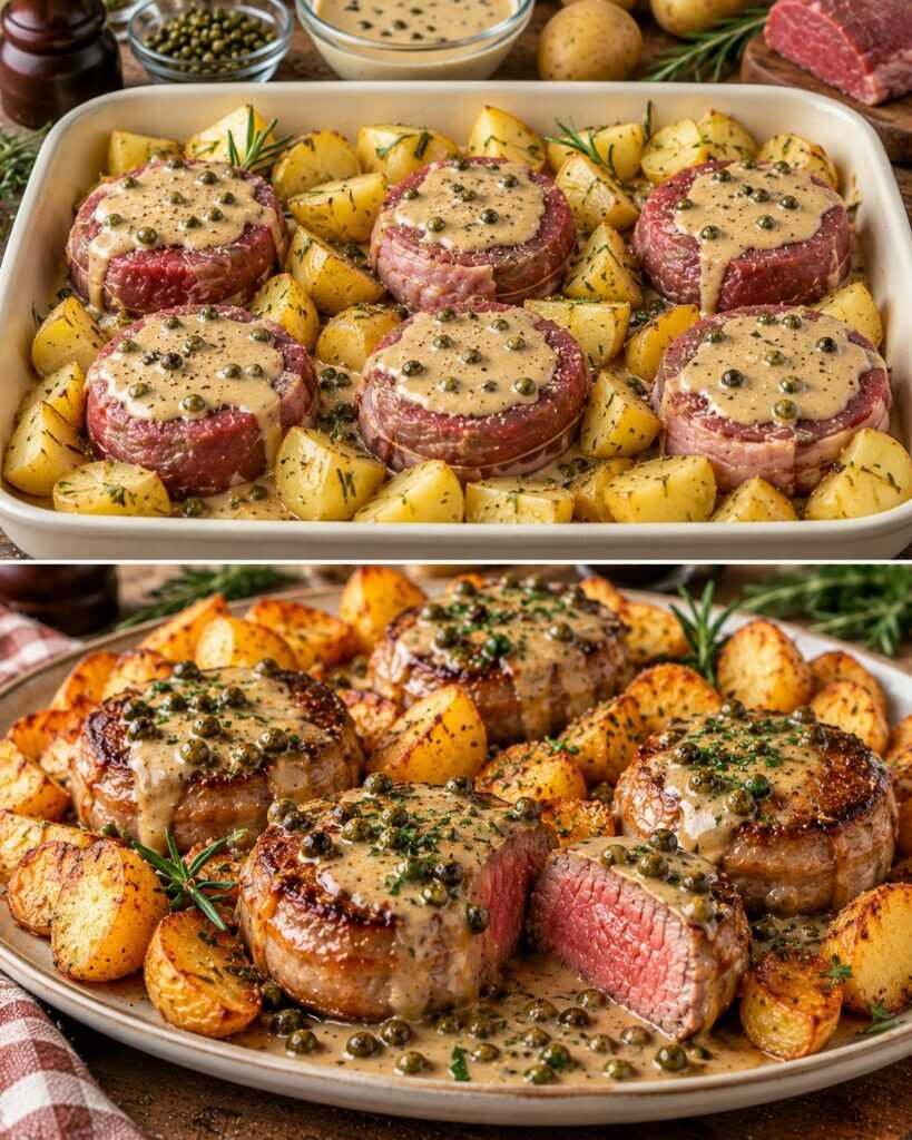 Medaglioni di Manzo con Salsa al Pepe Verde e Patate Croccanti
