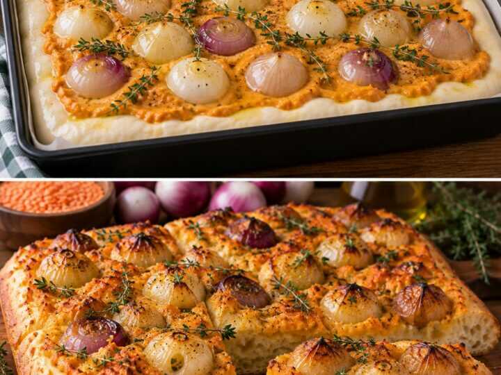 Focaccia Soffice con Crema di Lenticchie Rosse, Cipolle Borettane e Timo