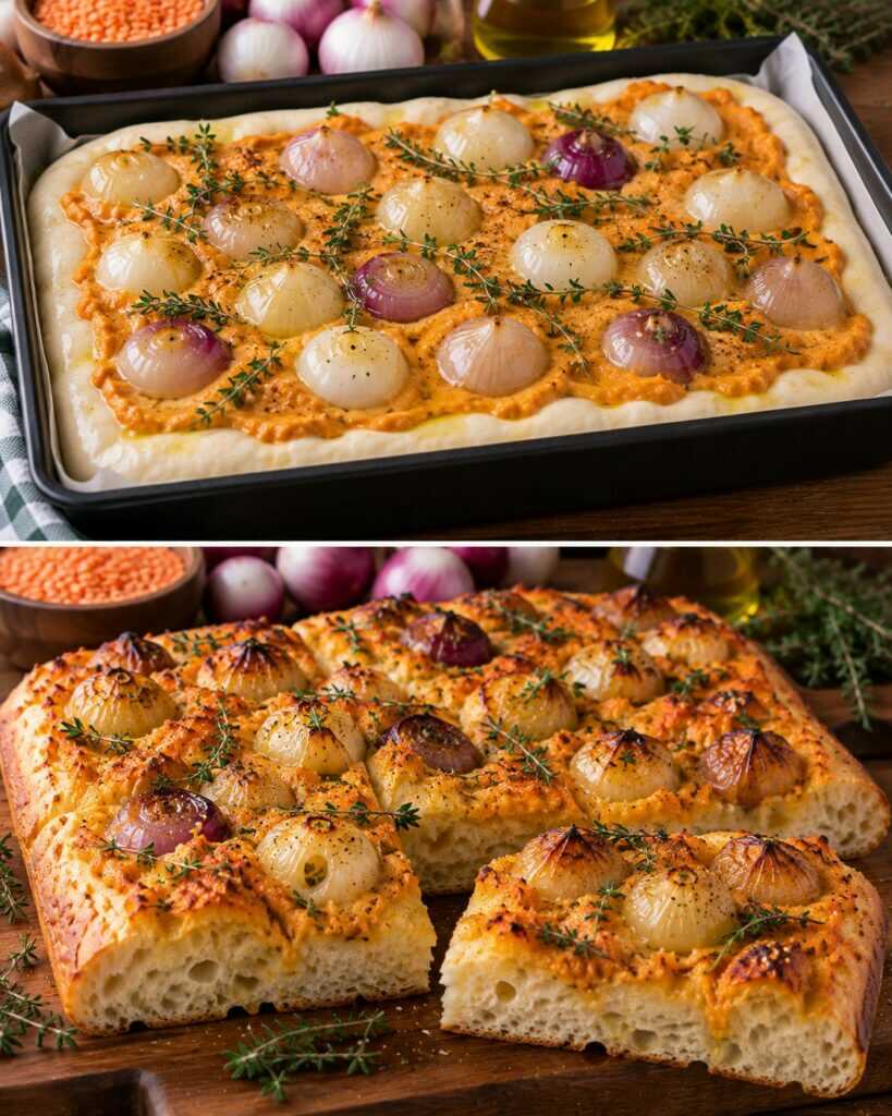 Focaccia Soffice con Crema di Lenticchie Rosse, Cipolle Borettane e Timo