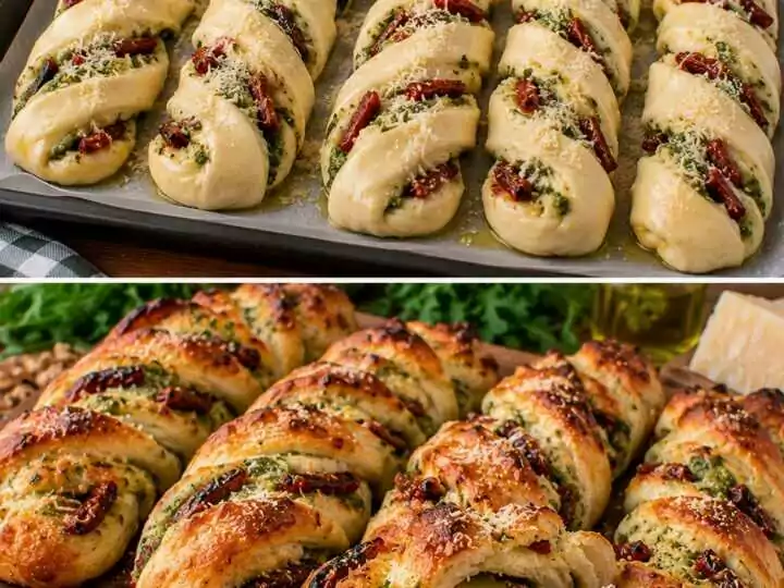 Treccine Soffici al Parmigiano con Pesto di Rucola e Pomodorini Secchi