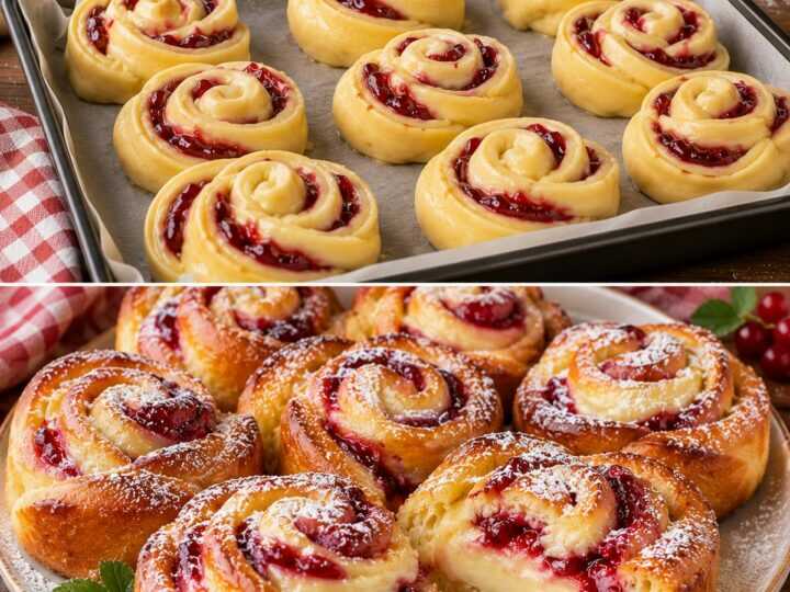 Roselline di Pasta Brioche con Crema al Latte e Confettura di Ribes
