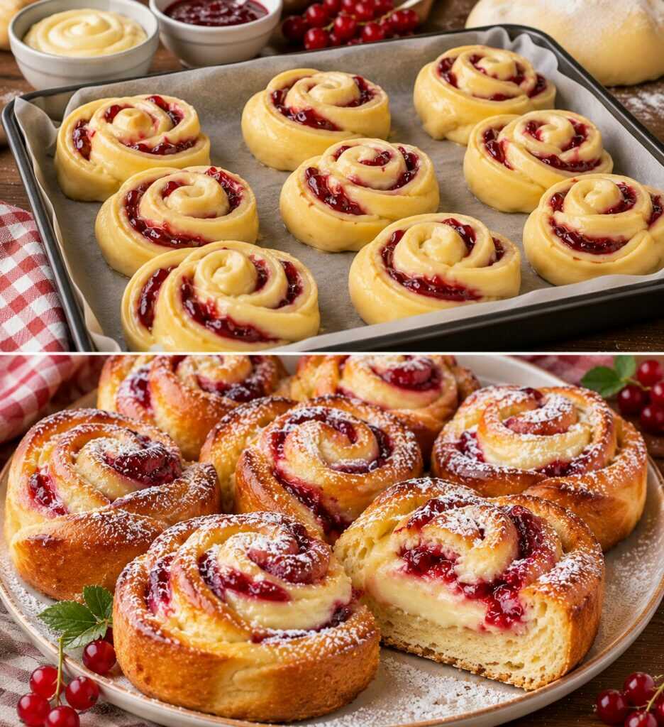 Roselline di Pasta Brioche con Crema al Latte e Confettura di Ribes