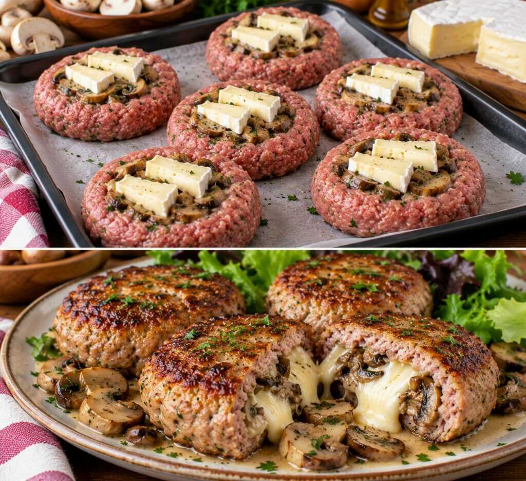 Hamburger di Vitello Ripieni di Brie e Funghi Trifolati: Croccanti Fuori e Filanti Dentro