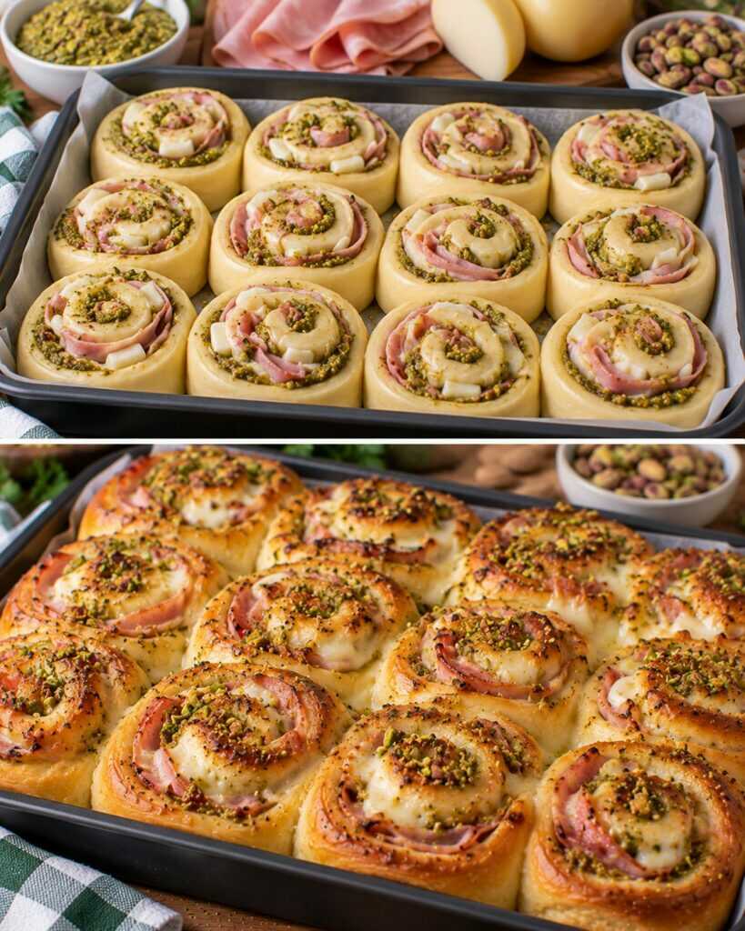 Girelle di Pan Brioche con Pesto di Pistacchi, Mortadella e Provola