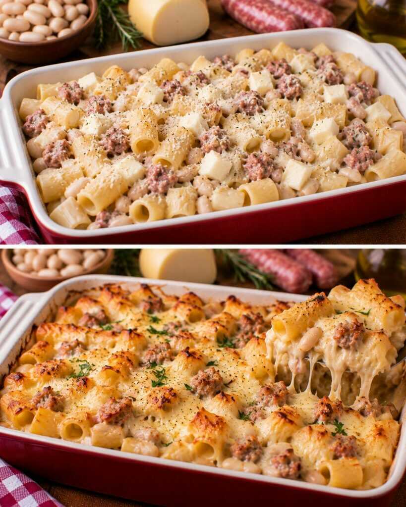 Mezze Maniche con Crema di Cannellini, Salsiccia e Scamorza