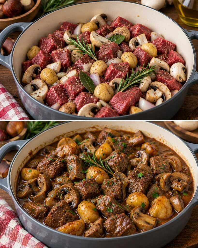 Spezzatino di Manzo con Castagne, Funghi e Rosmarino