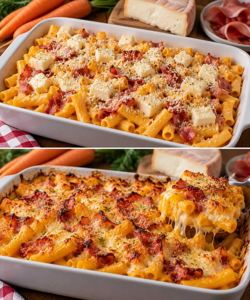 Sedanini al Forno con Crema di Carote Arrosto, Speck e Taleggio