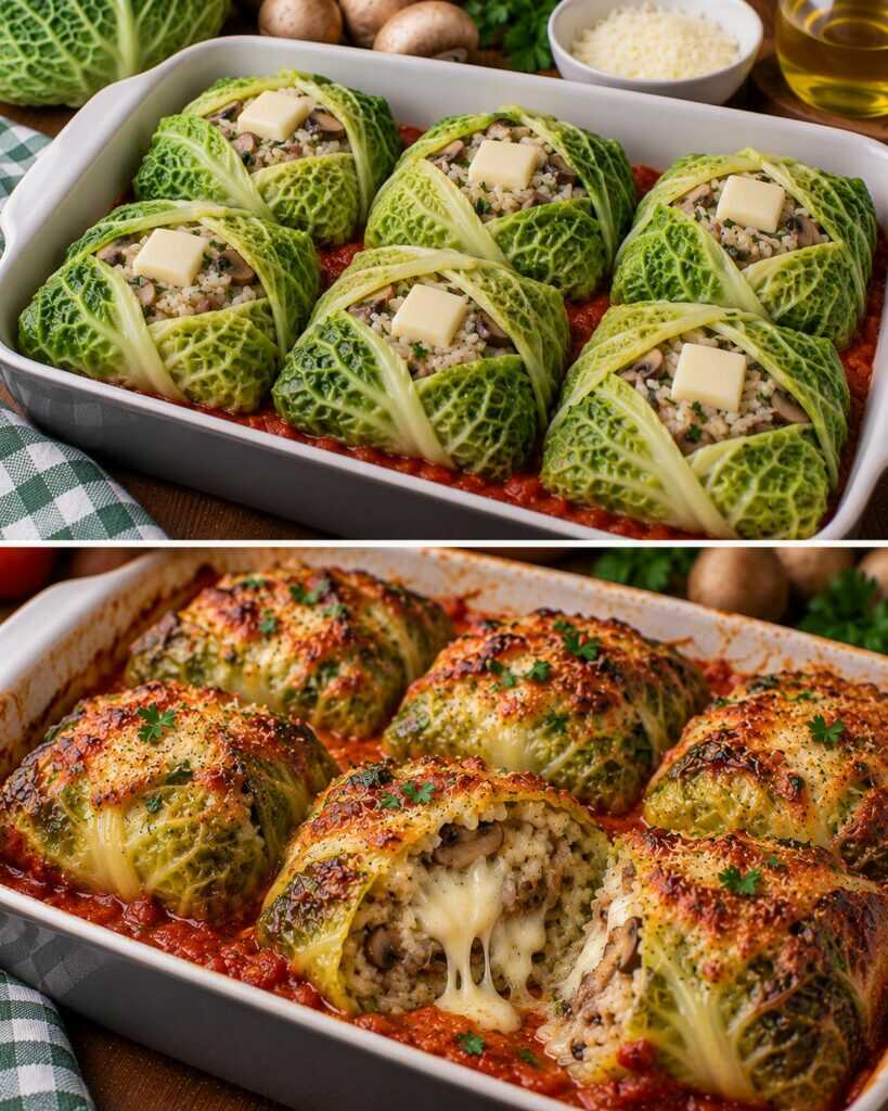 Fagottini di Verza con Riso, Funghi e Cuore di Scamorza