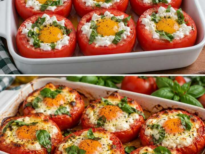 Uova al Forno nei Pomodori con Stracciatella e Basilico