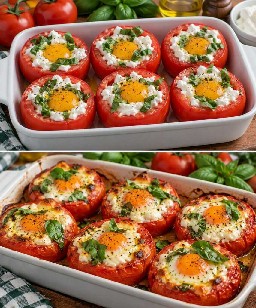 Uova al Forno nei Pomodori con Stracciatella e Basilico
