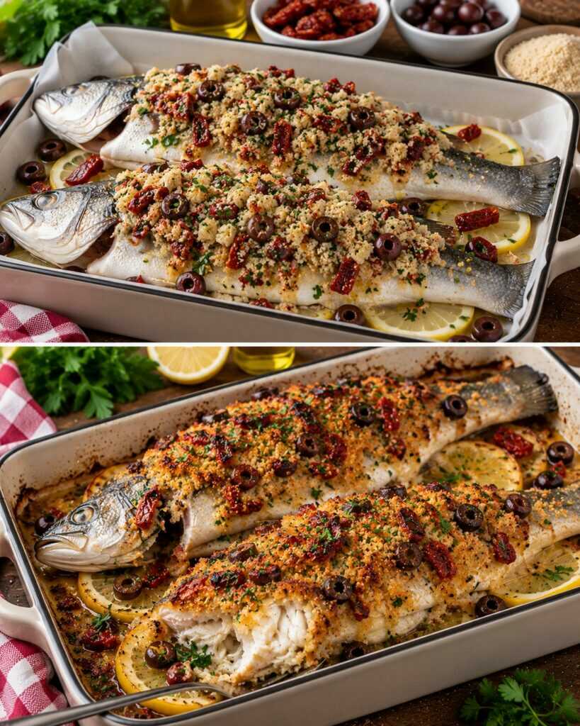 🐟 Branzino al Forno con Crosta di Pomodori Secchi, Olive e Pangrattato