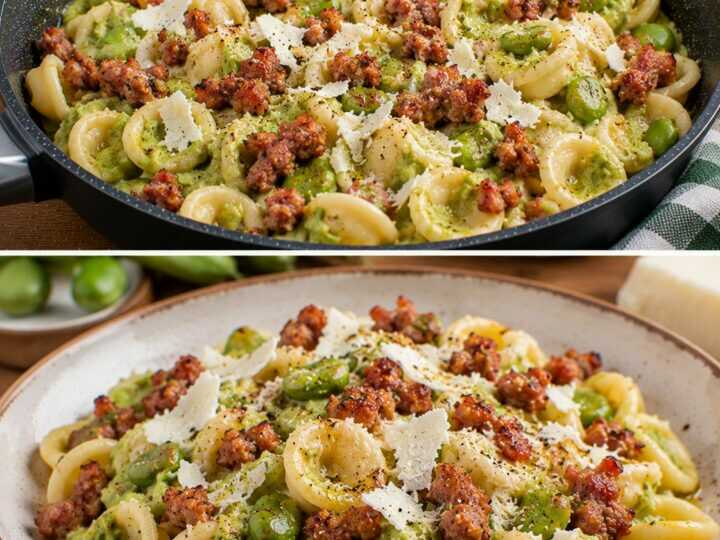 Orecchiette con Crema di Fave, Salsiccia Croccante e Ricotta Salata