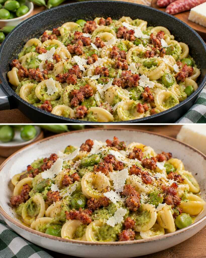 Orecchiette con Crema di Fave, Salsiccia Croccante e Ricotta Salata