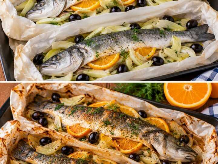 Branzino al Cartoccio con Finocchi, Arancia e Olive Nere