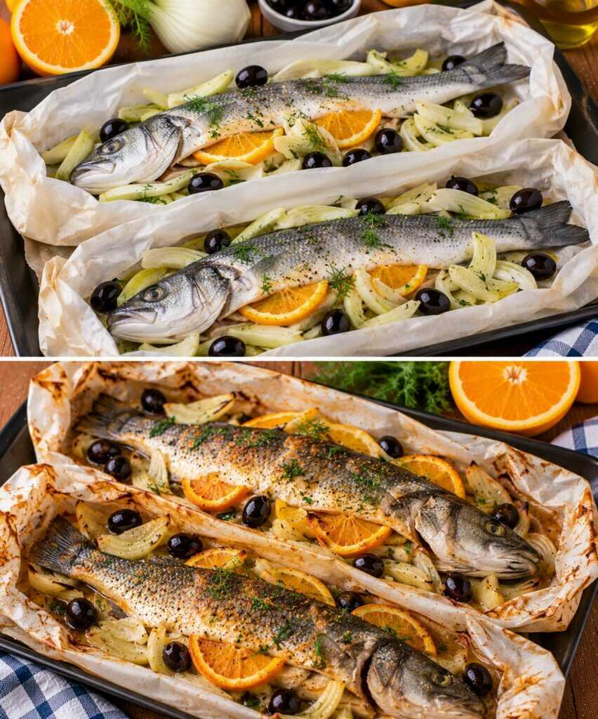 Branzino al Cartoccio con Finocchi, Arancia e Olive Nere