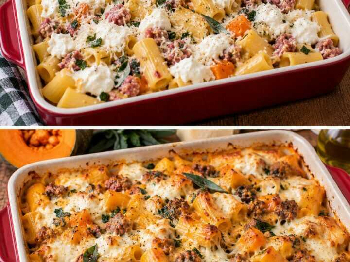 Rigatoni Cremosi con Zucca, Salsiccia e Stracciatella