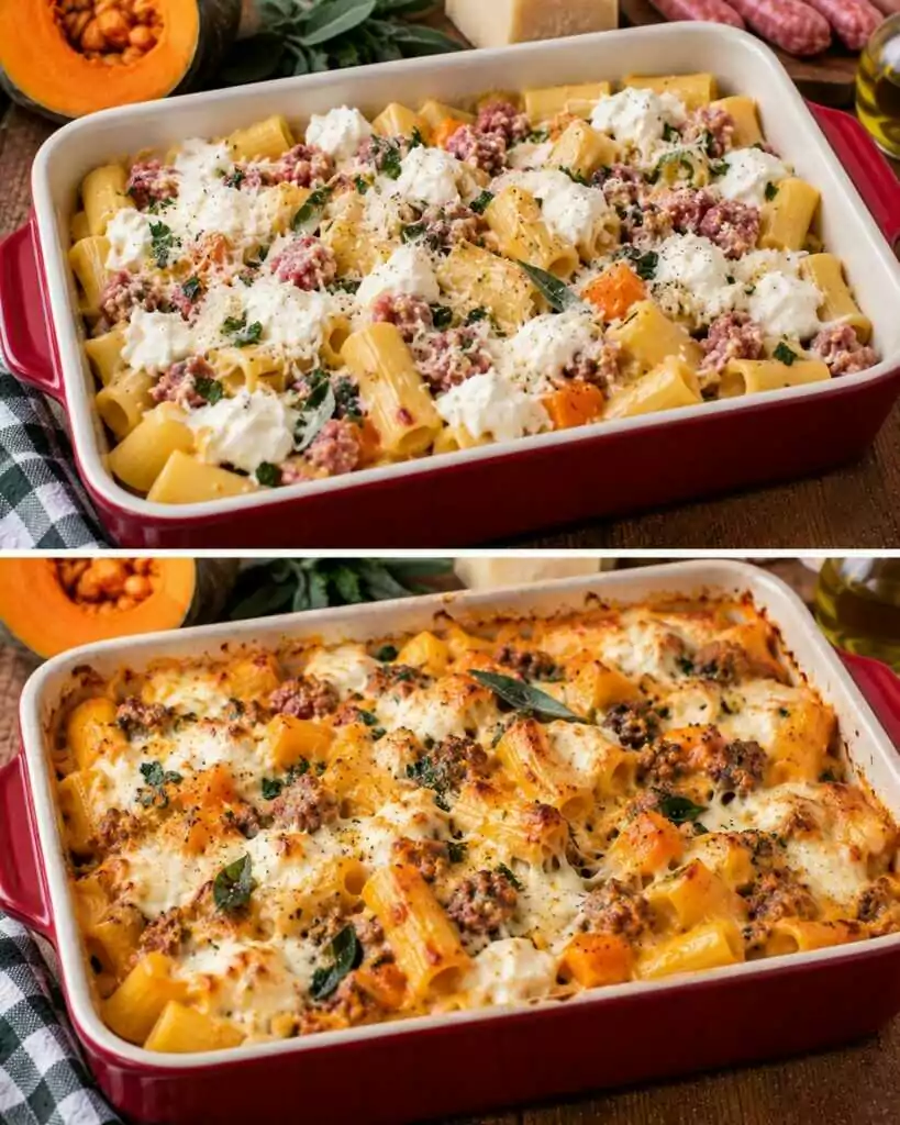 Rigatoni Cremosi con Zucca, Salsiccia e Stracciatella