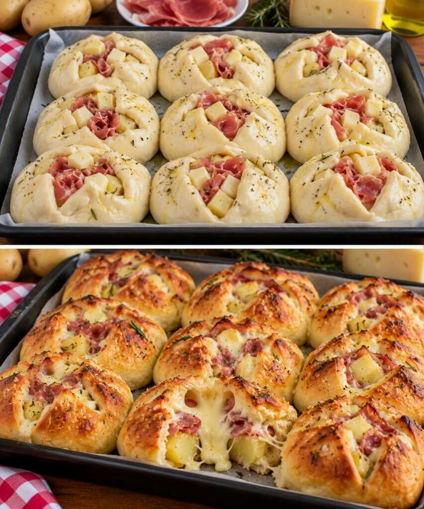 Focaccia a Fagottini con Patate, Prosciutto Crudo e Montasio