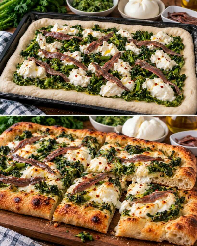 Pizza Bianca con Crema di Cime di Rapa, Alici del Cantabrico e Burrata
