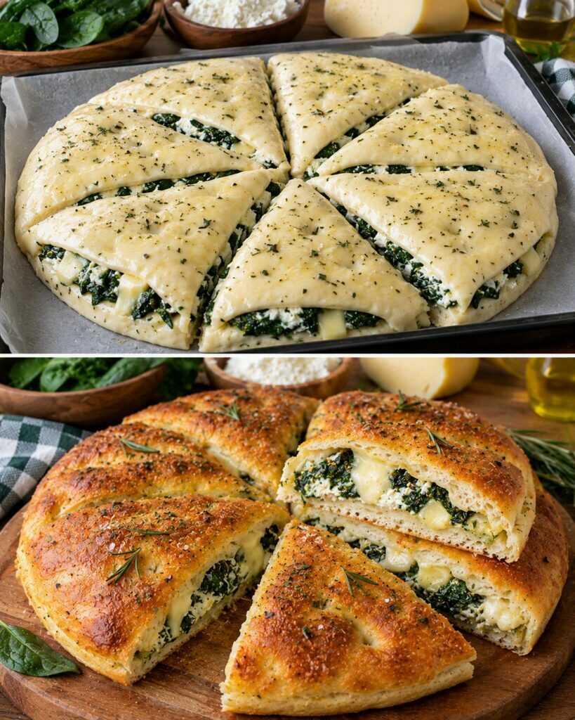 Focaccia a Spicchi Ripieni con Spinaci, Ricotta e Caciocavallo