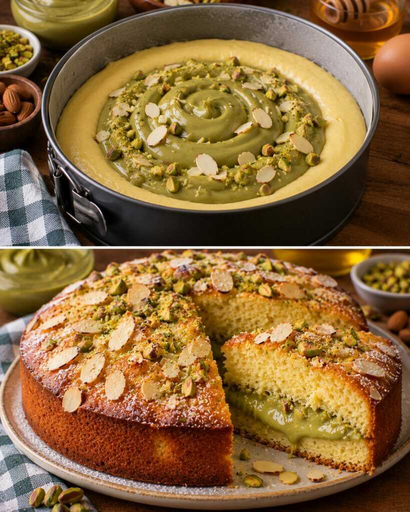 Torta Soffice al Miele con Cuore di Crema al Pistacchio e Mandorle