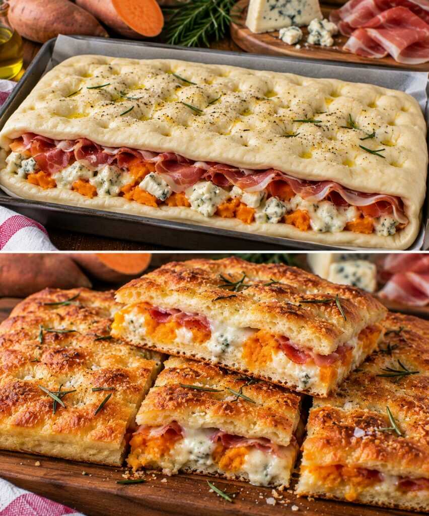 Schiacciata Ripiena con Patate Dolci, Gorgonzola e Speck