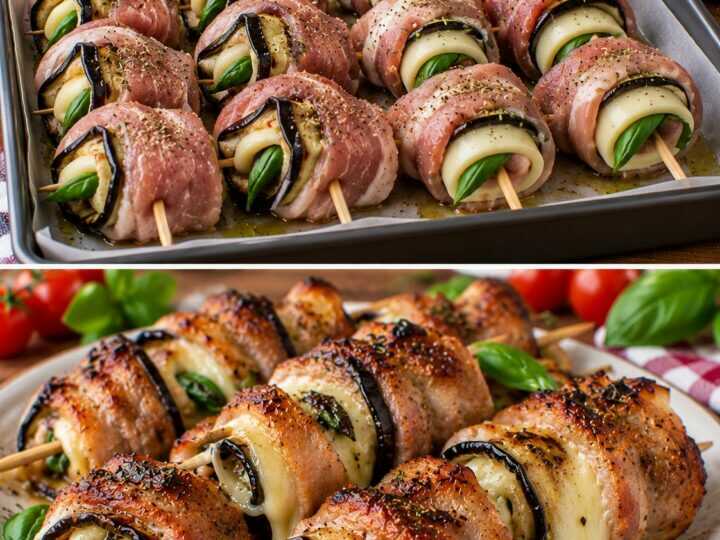 Spiedini di Maiale Arrotolati con Melanzane Grigliate, Provolone e Basilico