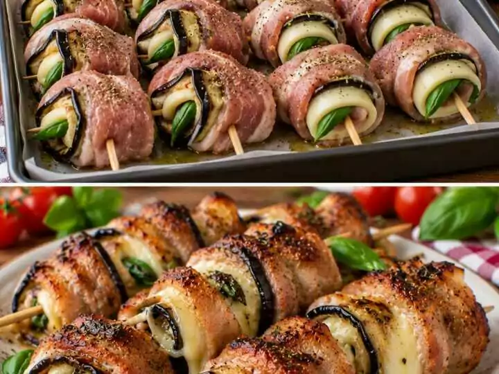 Spiedini di Maiale Arrotolati con Melanzane Grigliate, Provolone e Basilico