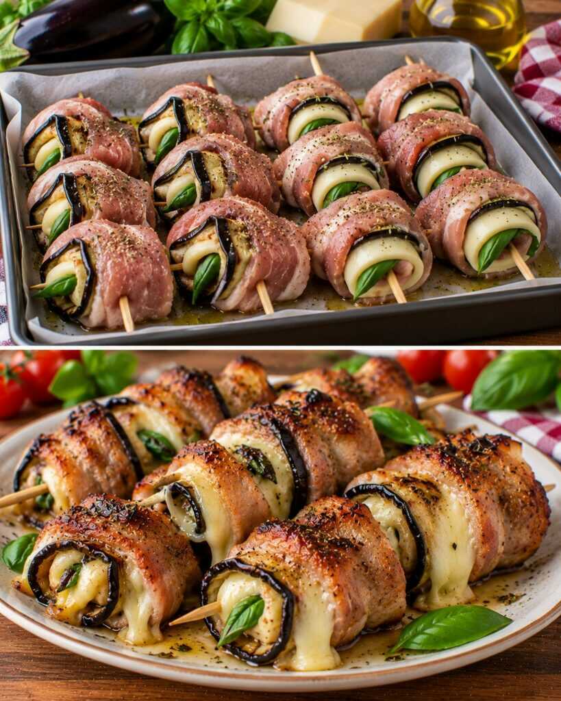 Spiedini di Maiale Arrotolati con Melanzane Grigliate, Provolone e Basilico