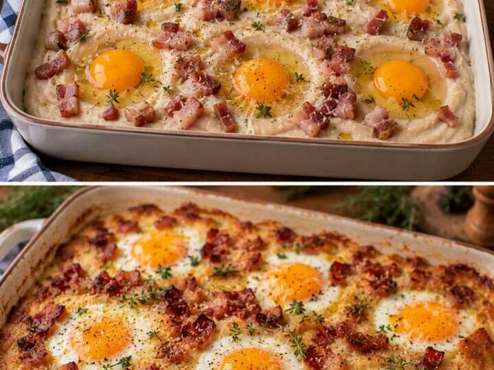 Uova al Forno su Letto di Crema di Cannellini con Guanciale Croccante