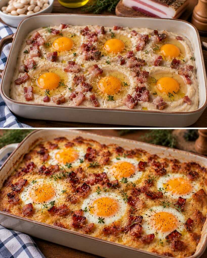 Uova al Forno su Letto di Crema di Cannellini con Guanciale Croccante