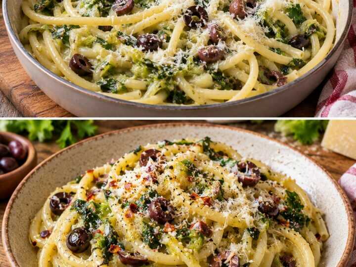 Bucatini con Crema di Scarola, Olive Nere e Pecorino