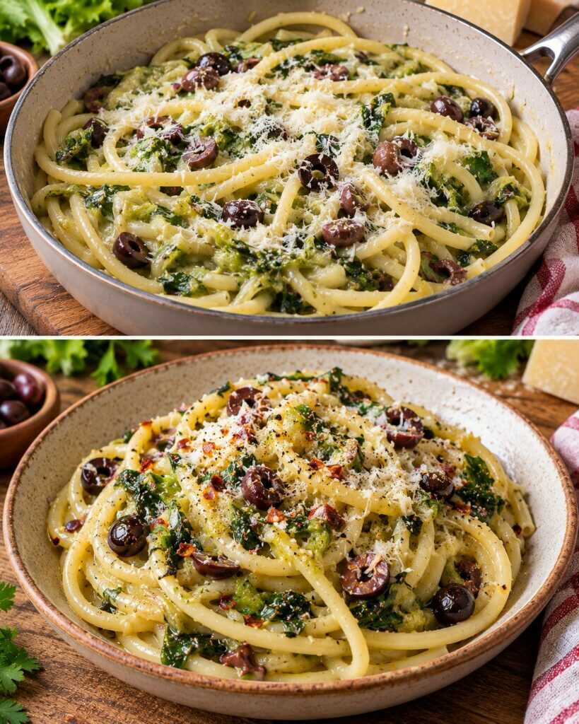 Bucatini con Crema di Scarola, Olive Nere e Pecorino