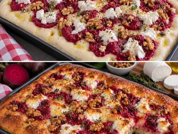Focaccia con Crema di Barbabietola, Caprino e Noci