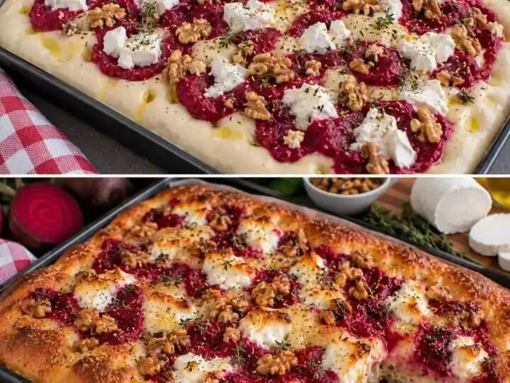 Focaccia con Crema di Barbabietola, Caprino e Noci