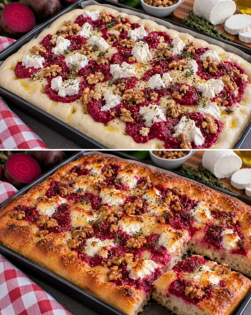 Focaccia con Crema di Barbabietola, Caprino e Noci