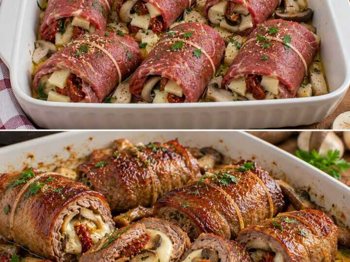 Involtini di Manzo con Funghi Cardoncelli, Pecorino e Pomodori Secchi