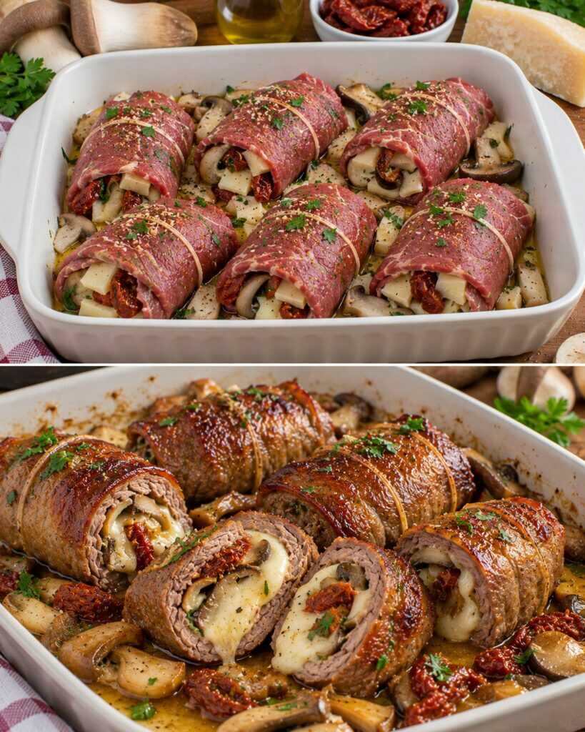 Involtini di Manzo con Funghi Cardoncelli, Pecorino e Pomodori Secchi
