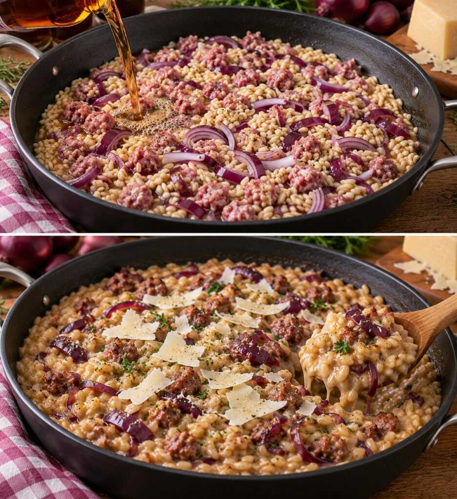 Orzotto alla Birra Ambrata con Salsiccia, Cipolle Rosse e Grana Padano