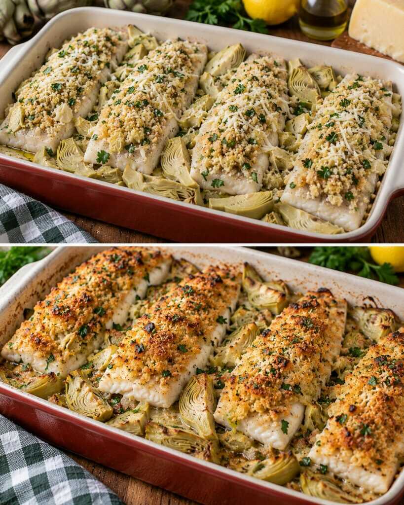 Filetti di Branzino Gratinati con Carciofi, Pecorino e Prezzemolo
