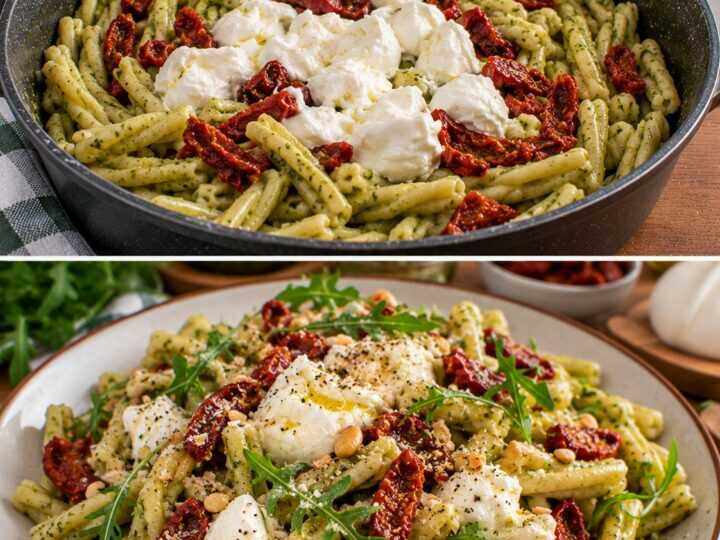 Casarecce con Pesto di Rucola, Pomodori Secchi e Burrata