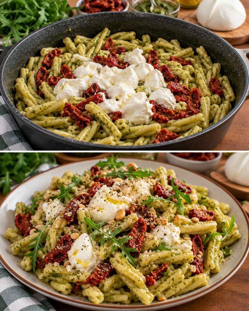 Casarecce con Pesto di Rucola, Pomodori Secchi e Burrata