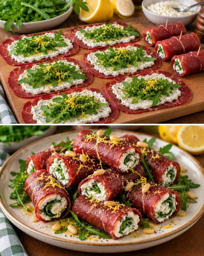Rotolini di Bresaola con Crema di Caprino, Rucola e Scorza di Limone