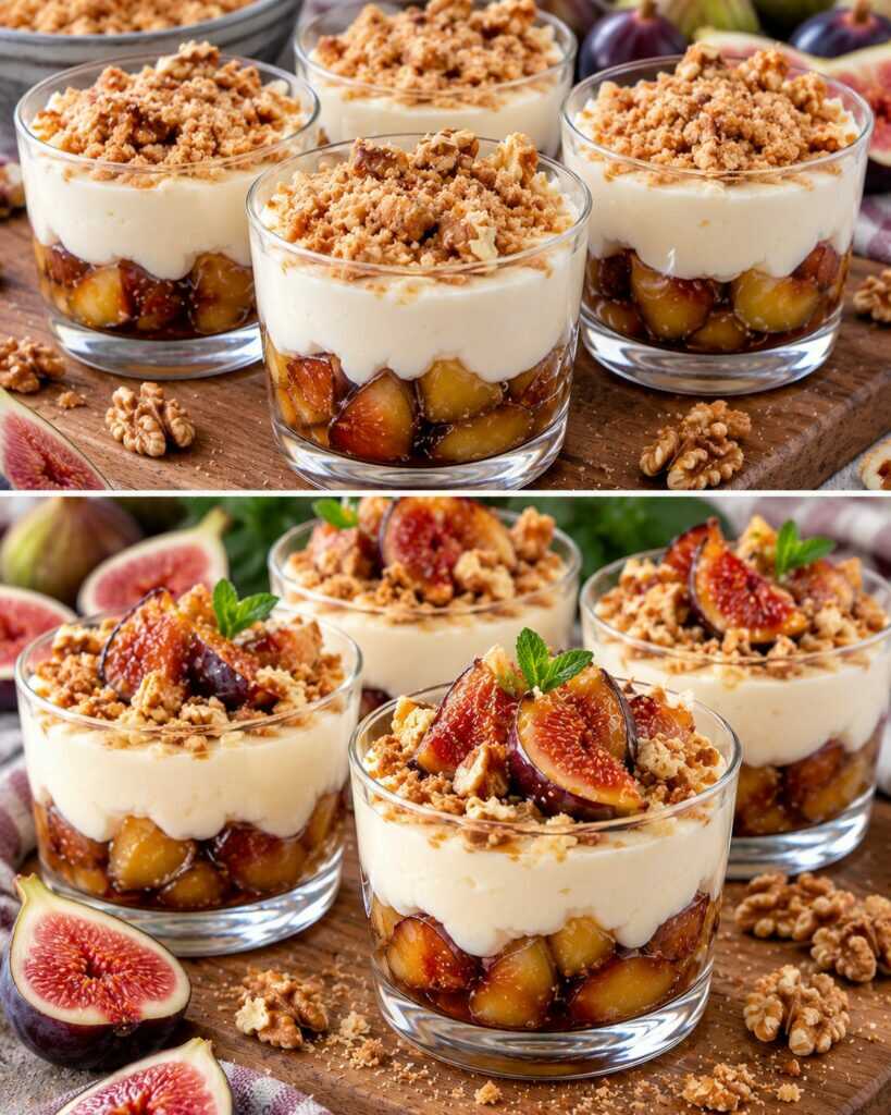 🍯 Bicchierini di Crema al Formaggio con Fichi Caramellati e Crumble di Noci