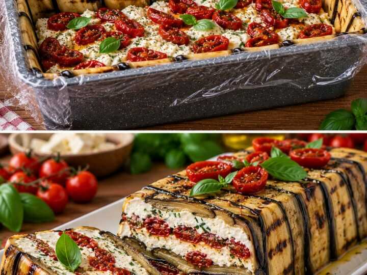 Terrina Fredda di Melanzane Grigliate con Crema di Feta e Pomodori Confit