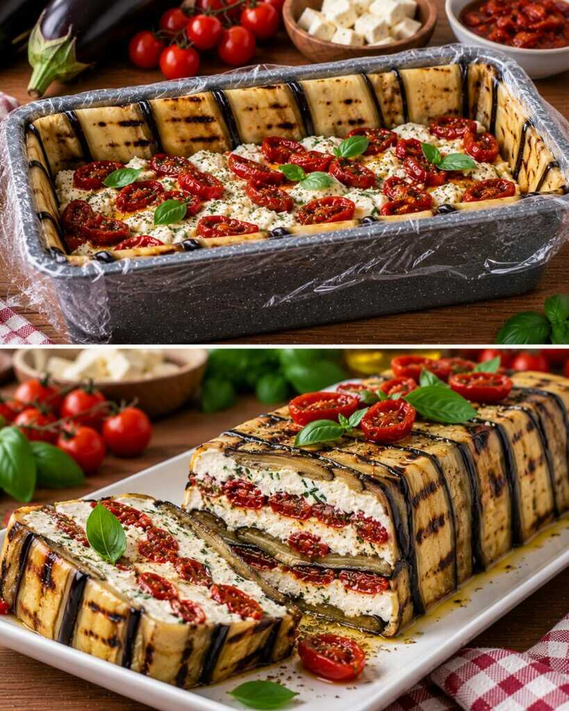 Terrina Fredda di Melanzane Grigliate con Crema di Feta e Pomodori Confit